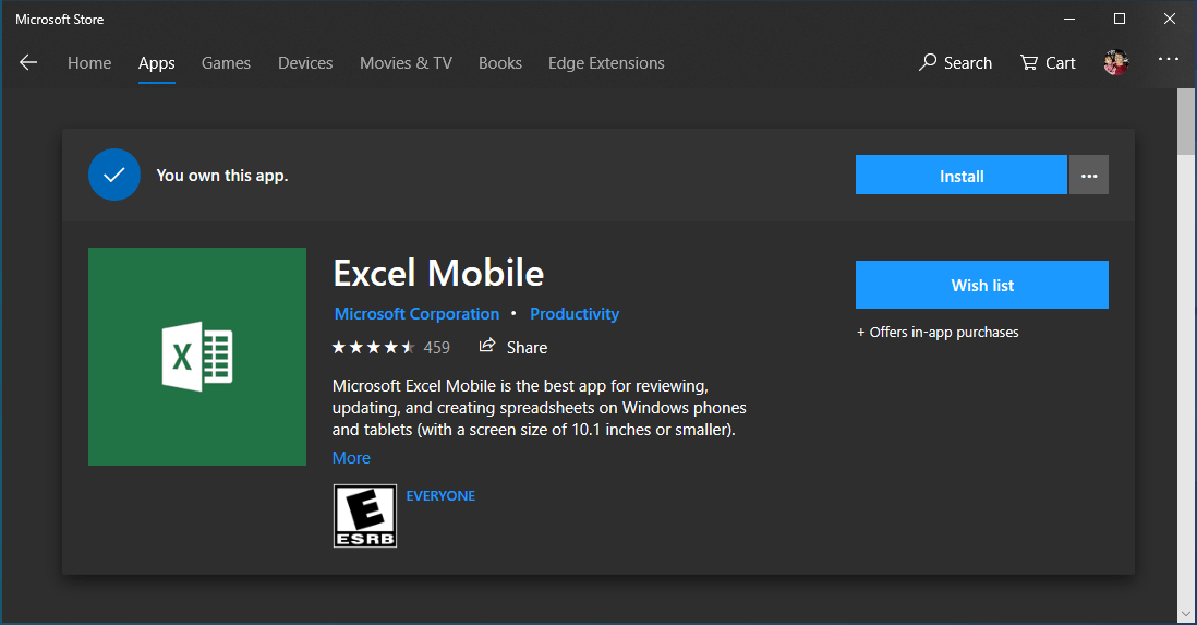 Excel Mobile on Microsoft Store