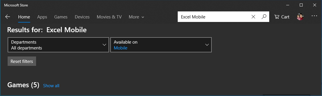 Excel Mobile Search on Microsoft Store app