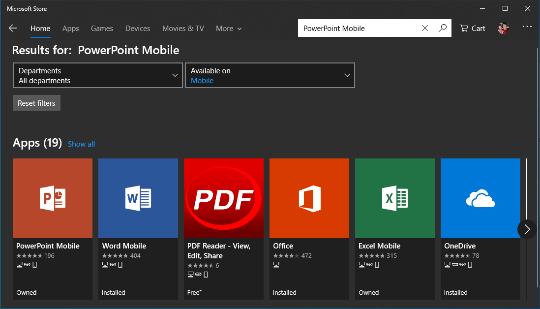 Search for PowerPoint Mobile app on Microsoft Store